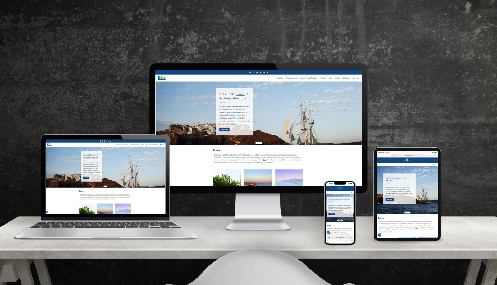 Multiple screen sizes showing the homepage of RTI Santorini